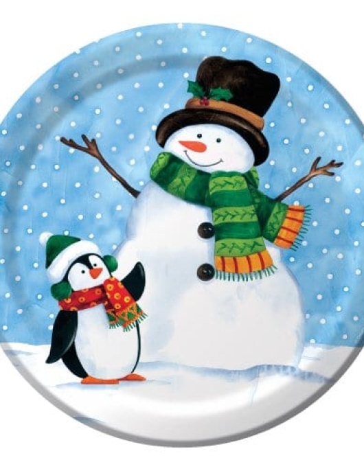 Christmas Snowman Penguin Pal Round Paper Plates 22.2cms