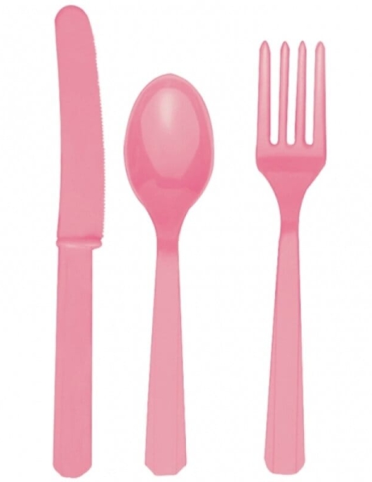 Pink Rosa Plastic Cutlery Set - Spoon, Fork, Knife 