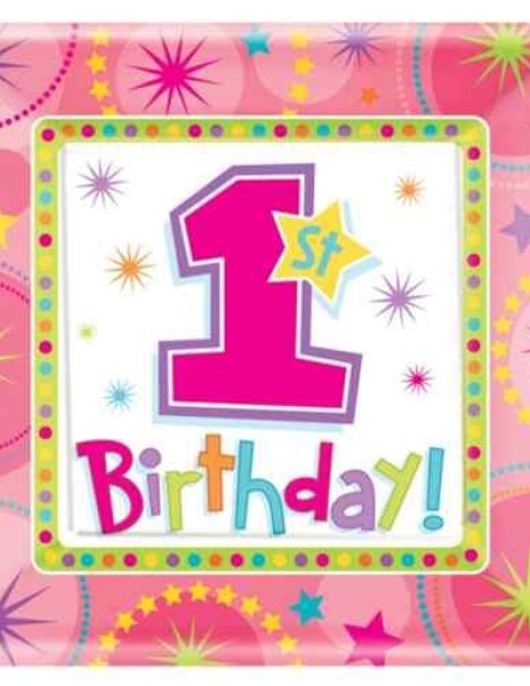1st Birthday Girl Square Paper Plates 17.8 cm