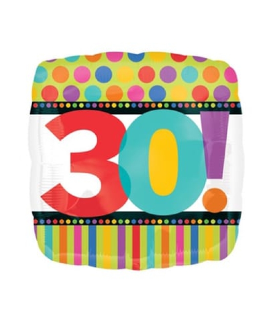 30th Happy Birthday Dots & Stripes Foil Helium Balloon 45cms