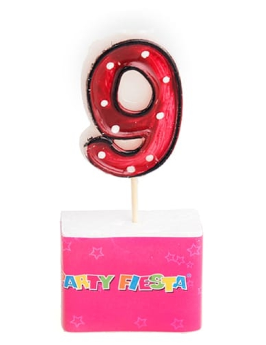 Red Polka Dots Numeral #9 Birthday Cake Candle