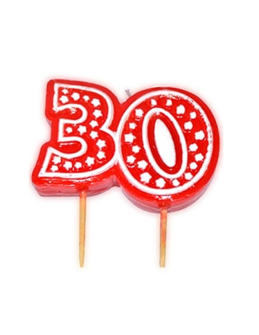 Red Number 30 Candle With Star Printed 
