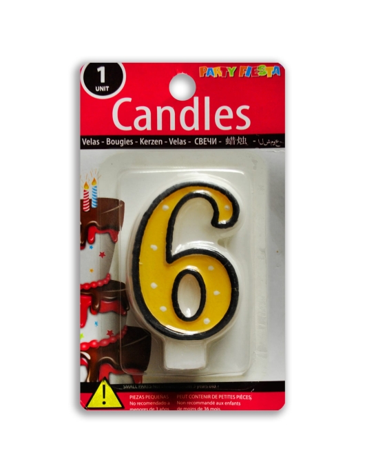 Yellow Polka Dots Numeral #6 Birthday Cake Candle