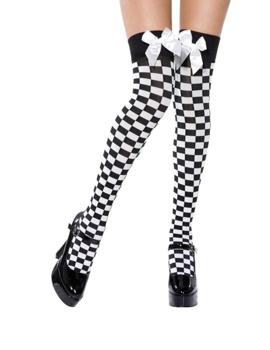 Pack of 1 Pair - Chequered Thigh-high Stockings With Bow 
