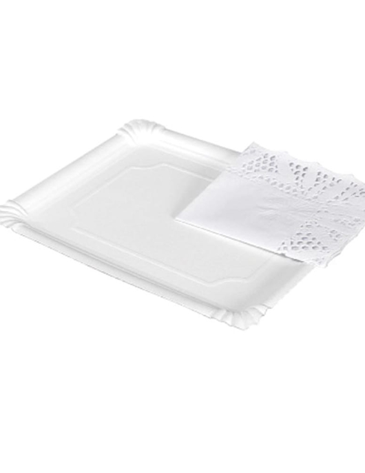 White Rectangle Paper Platters with Doilies