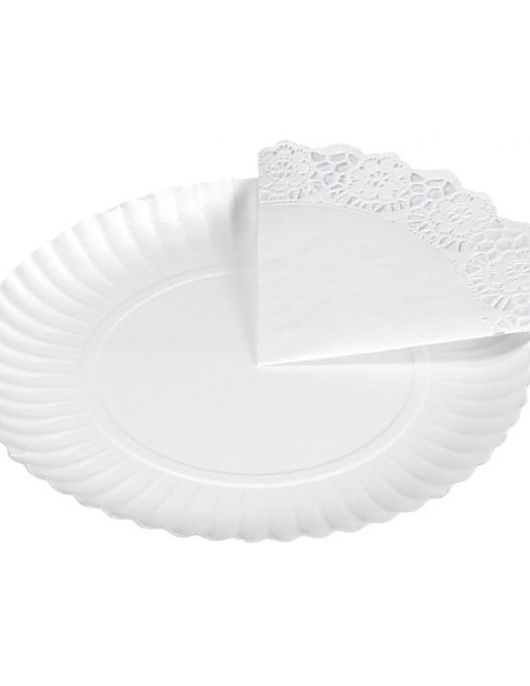 White Round Paper Platters with Doilies
