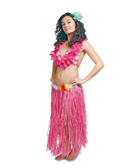 Pack of 1 - Women Rafia Pink Hawaiian Long Hula Skirt with Flowers 80cm 