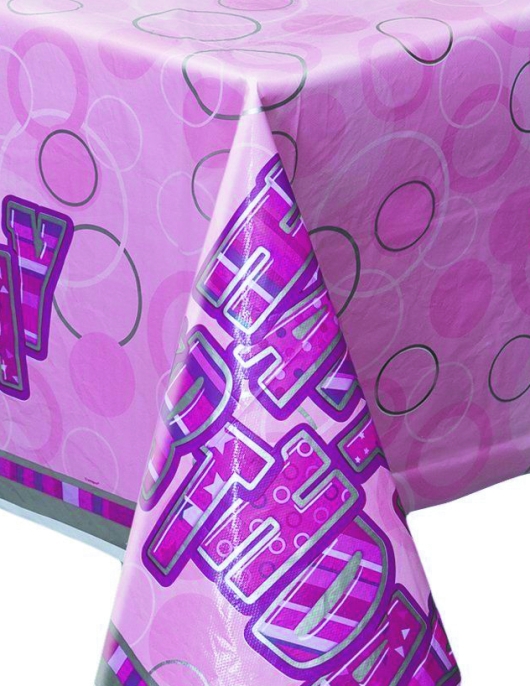 Glitz Happy Birthday Pink Plastic Table Cover 137 x 213cms