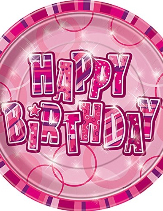 Happy Birthday Glitz Pink Round Paper Plates 22.9cms