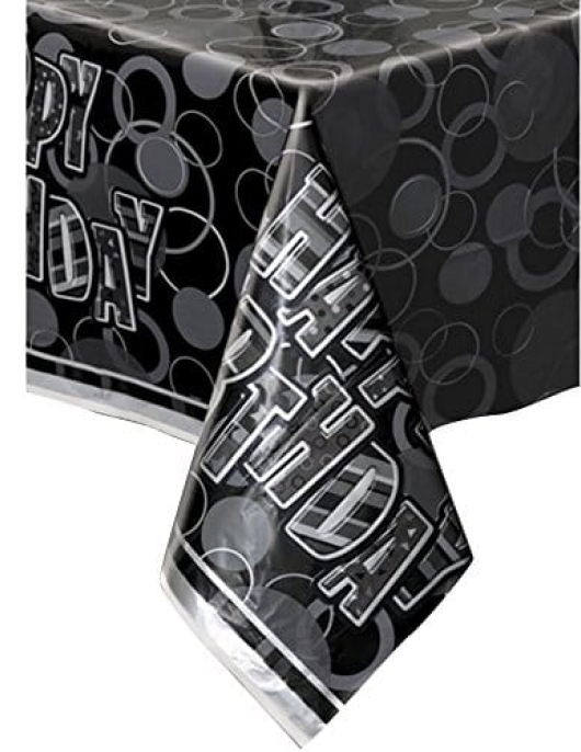 Happy Birthday Glitz Black/Silver Plastic Table Cover 137 x 213cms
