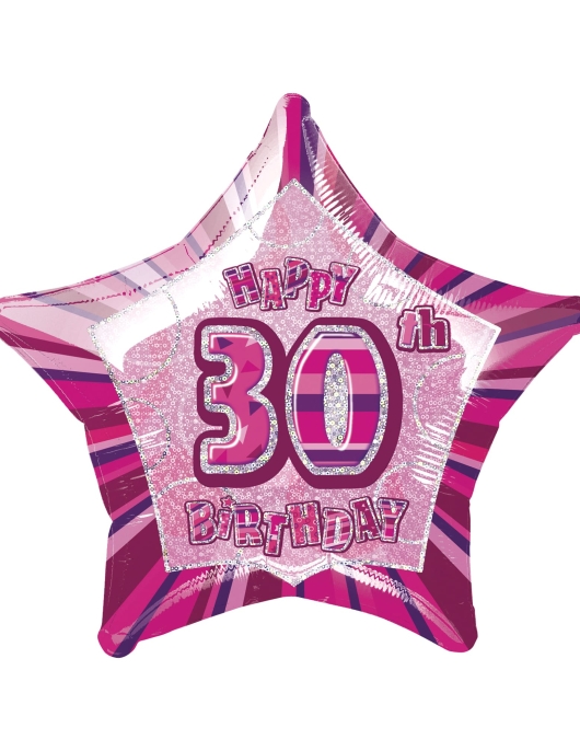 30th Happy Birthday Glitz Pink Star Shape Foil Helium Balloon 50.8cms
