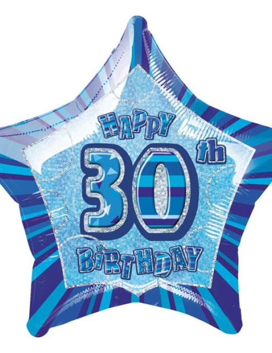 30th Happy Birthday Glitz Blue Star Shape Foil Helium Balloon 50.8cms