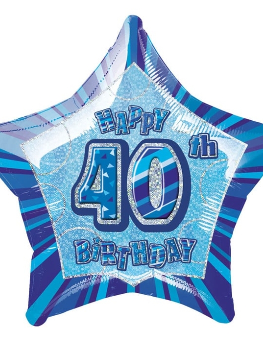40th Happy Birthday Glitz Blue Star Shape Foil Helium Balloon 50.8cms