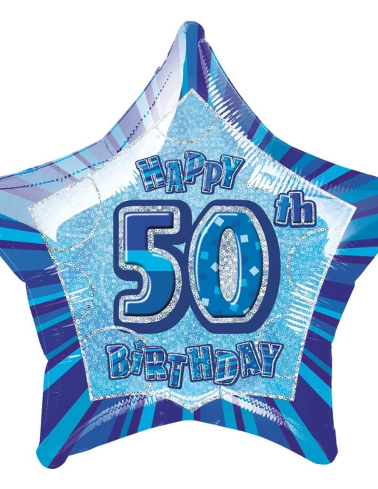 50th Happy Birthday Glitz Blue Star Shape Foil Helium Balloon 50.8cms