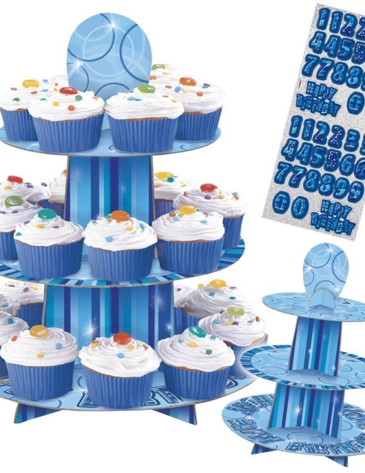 Happy Birthday Blue Glitz 3 Floor Cupcake Stand 1pcs