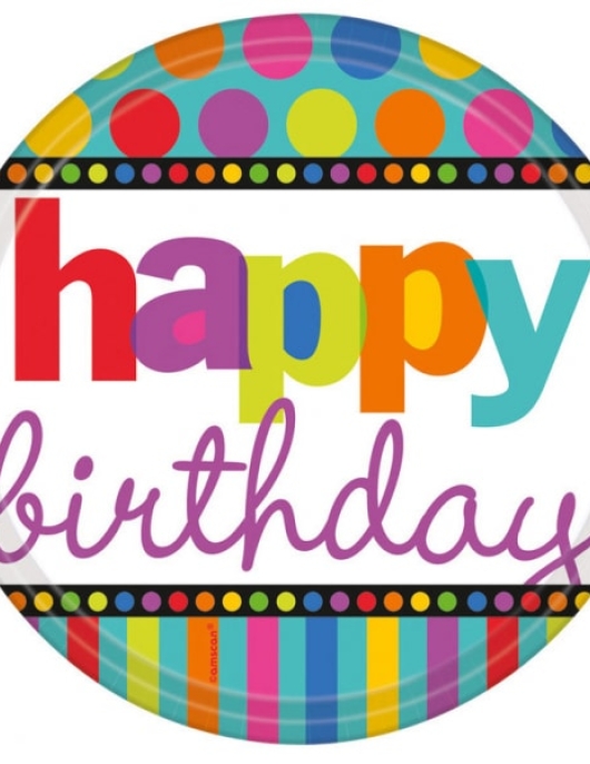 Happy Birthday Dots & Stripes Round Paper Plates 22.9cms